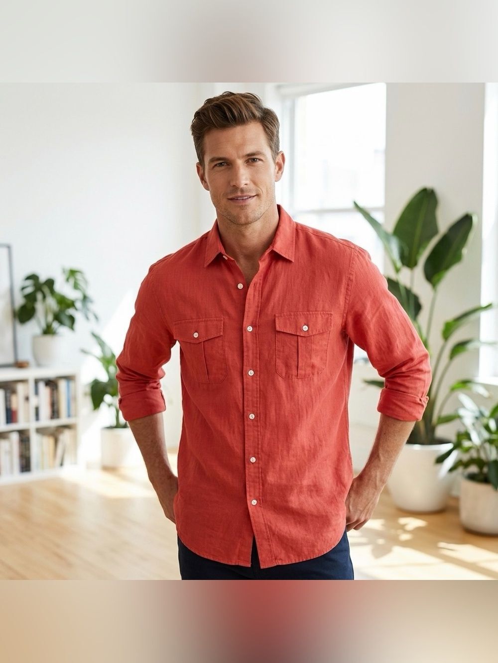 Old Navy Men’s Linen-Blend Rust Burnt Orange Button Up Long Sleeve Shirt Size L